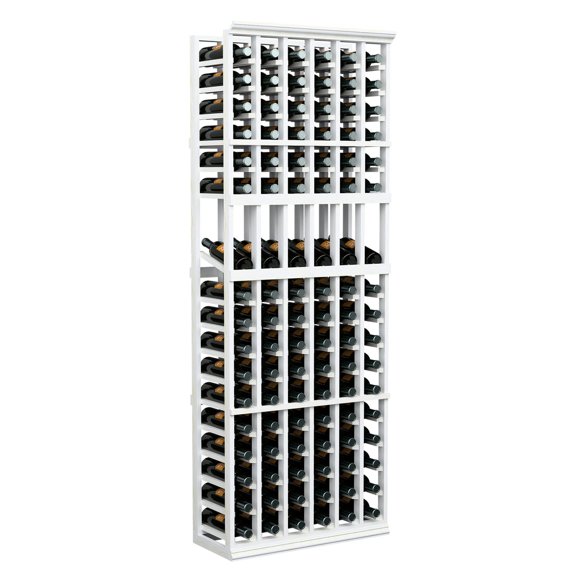6-column wine display rack with white frame, holding multiple rows of bottles