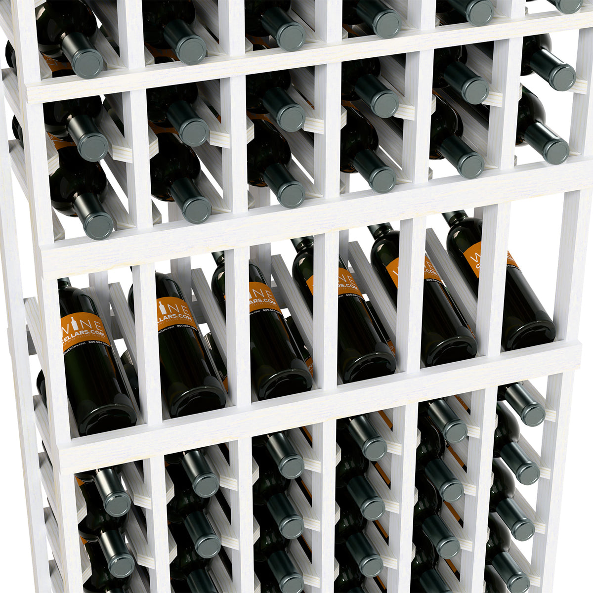 Close-up of white wine rack with bottle slots and gray bottle neck caps