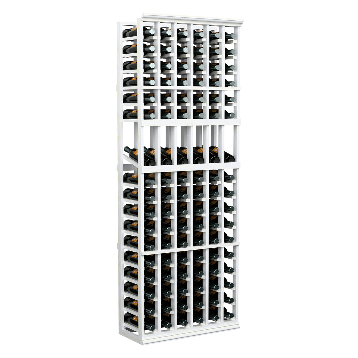 6-column wine display rack with white frame and organized bottle storage rows