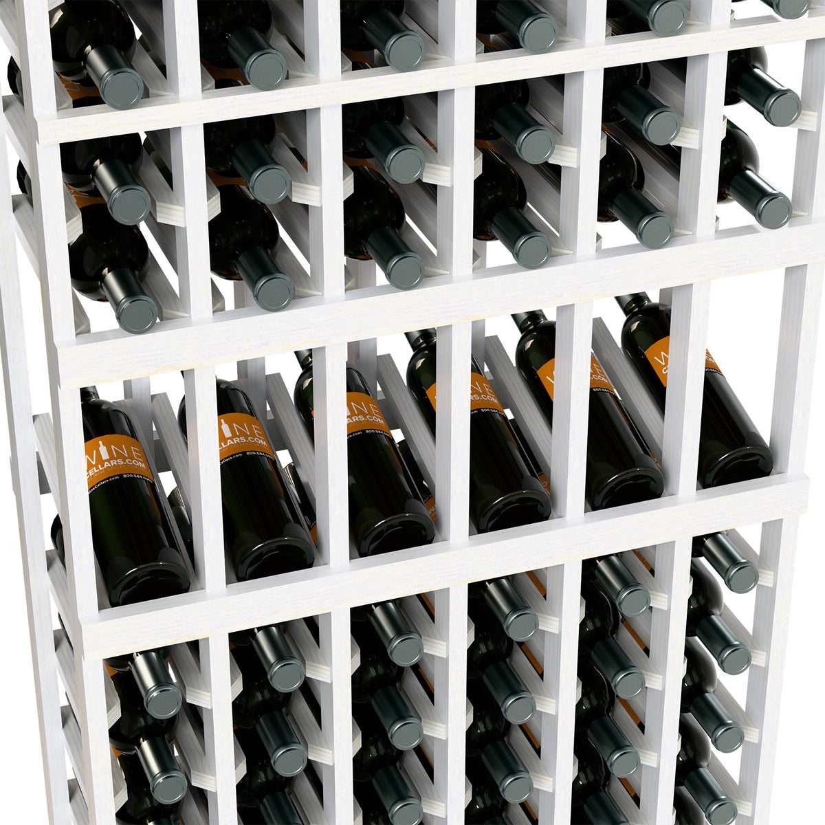 Close-up of white wine rack with bottle slots and gray bottle neck caps