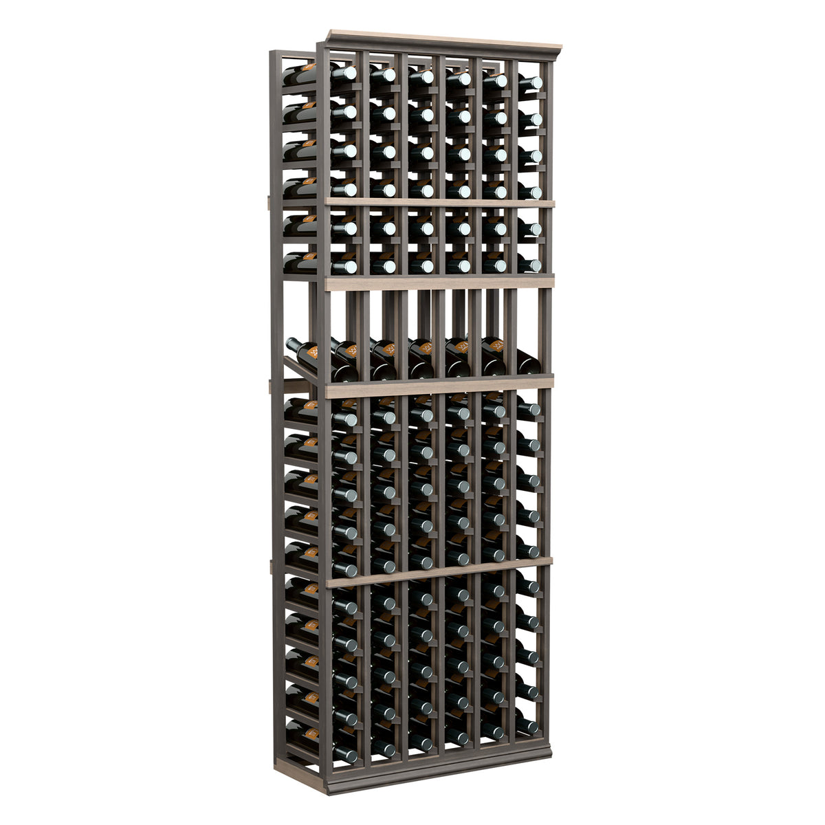 Six-column wine bottle display rack with dark wood frame and front bottle slots
