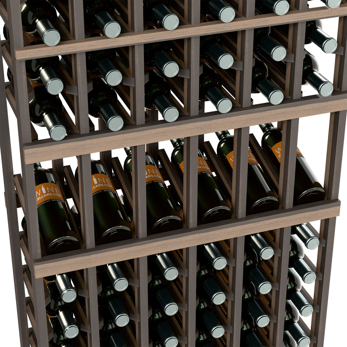 Wine bottle rack close-up with dark frame, rows of wine bottles with caps