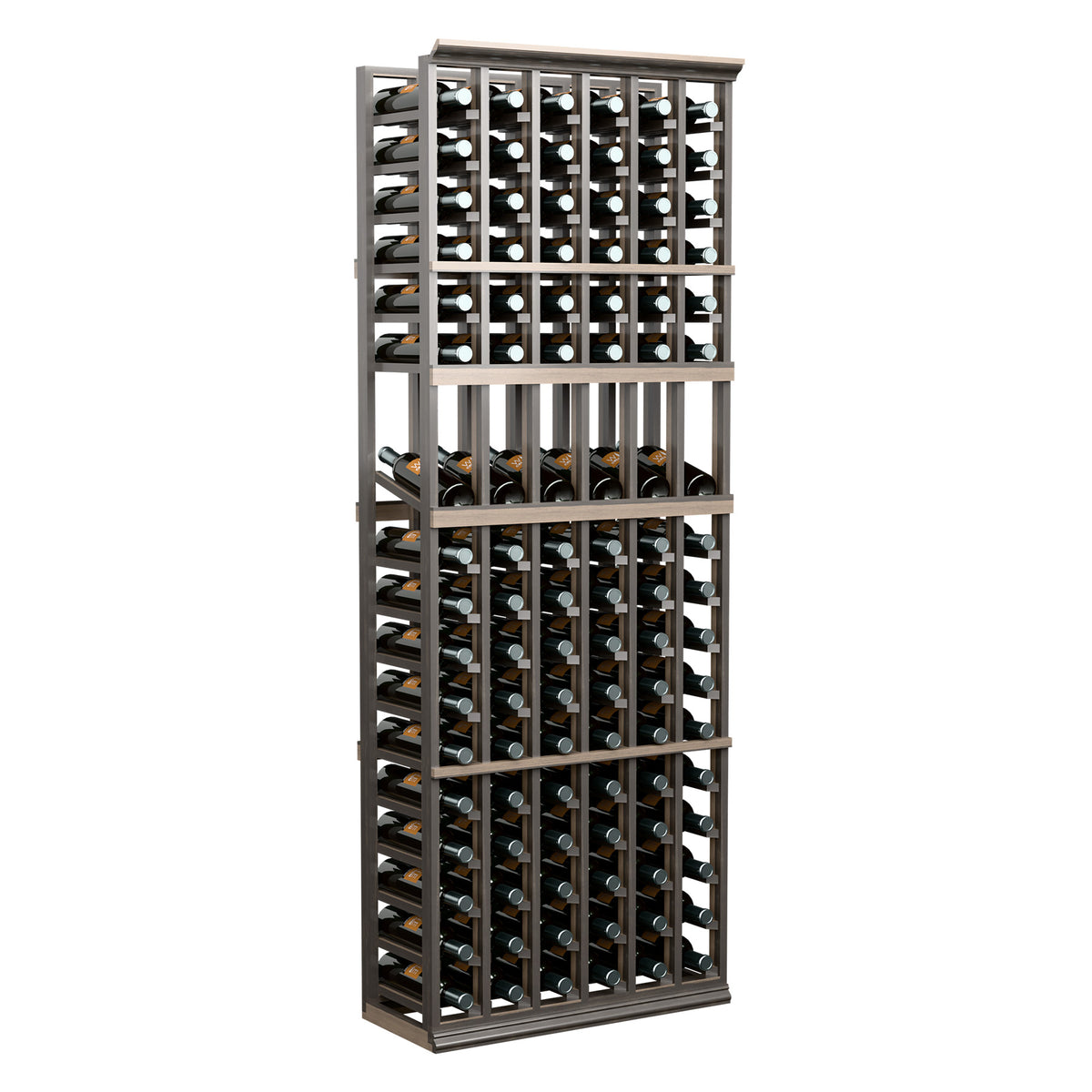 Six-column wine bottle display rack with dark wood frame and open front storage