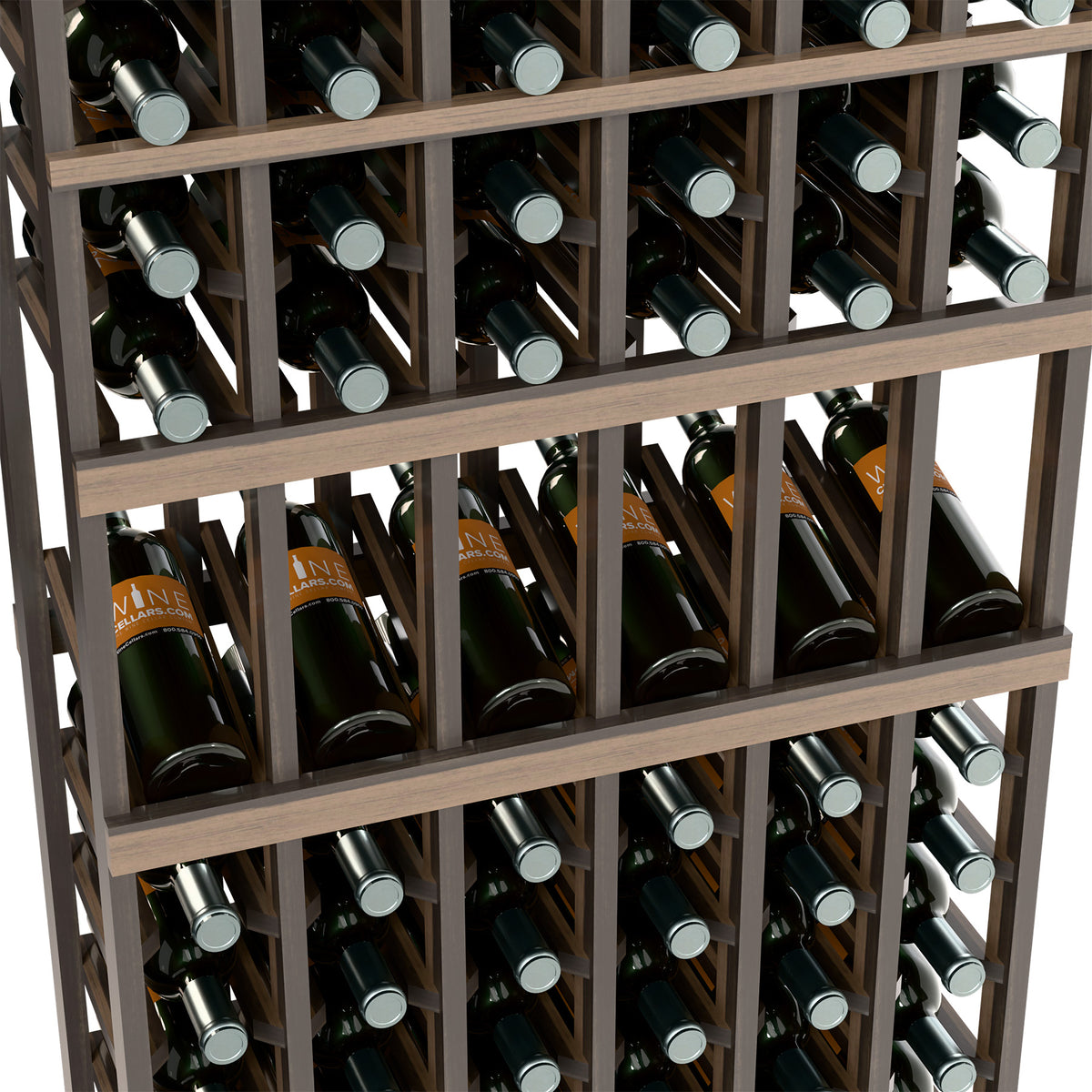 Wine bottle rack close-up showing rows of bottles in a dark wood grid