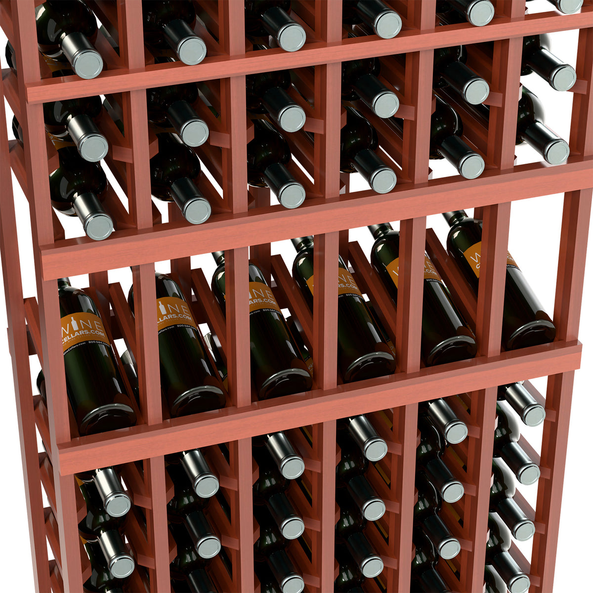 Wine bottle rack close-up showing bottle rows in a light wood grid