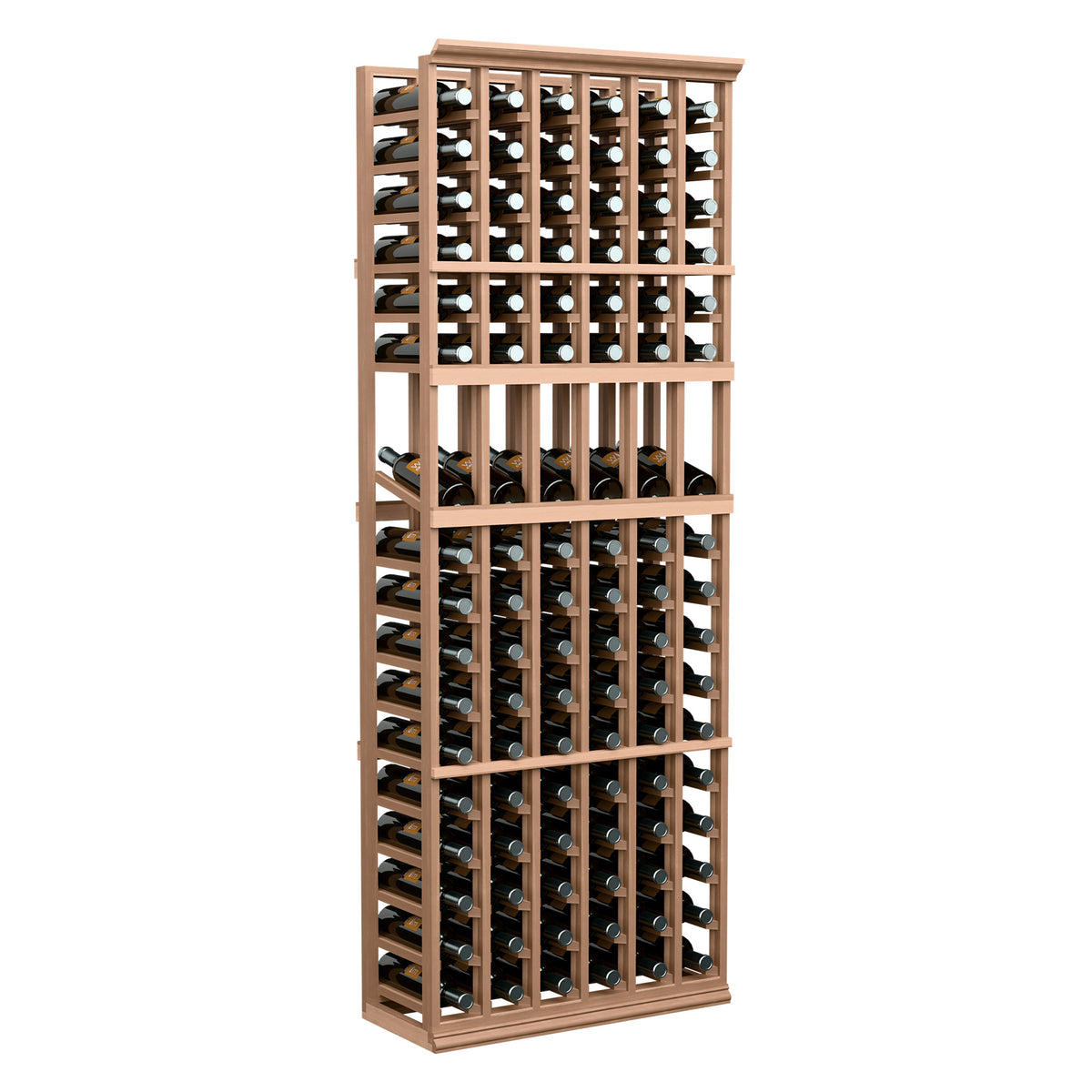 Six-column wine bottle display rack with natural wood frame and front bottle slots