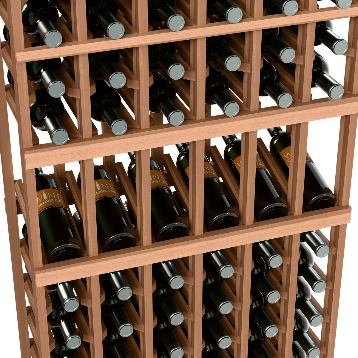 Wine bottle rack close-up with light wood frame and rows of capped wine bottles