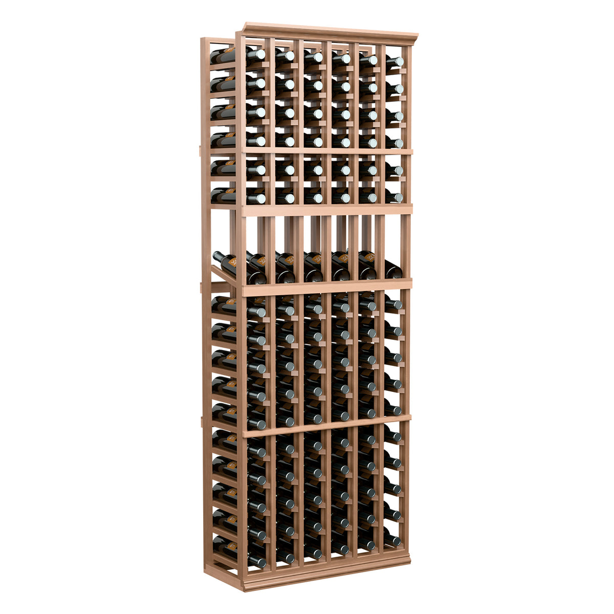 Natural wood 6-column wine bottle display rack with metal pegs and open frame
