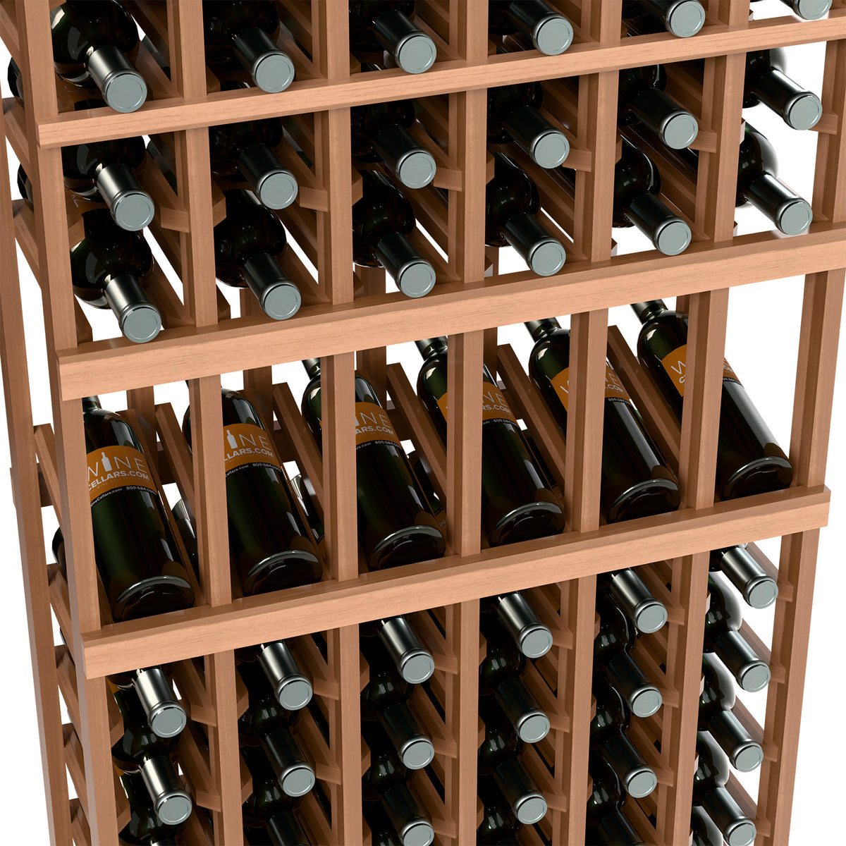 Natural wood wine rack close-up with bottles in angled slots between wooden grids