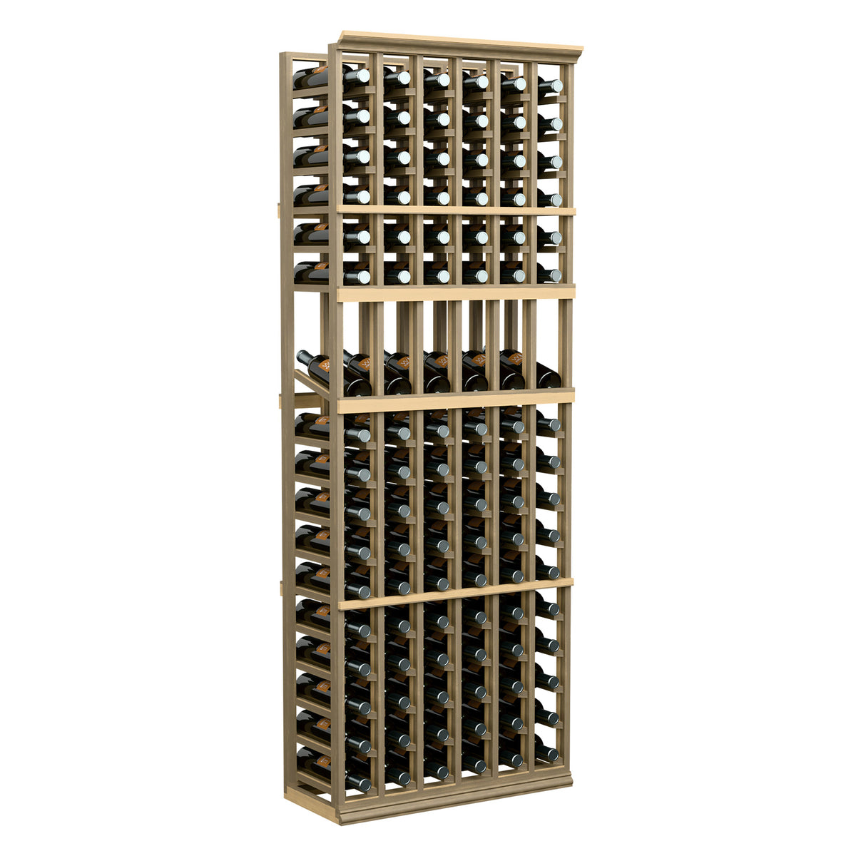 Tall natural wood wine bottle display rack with open top and 6 storage columns