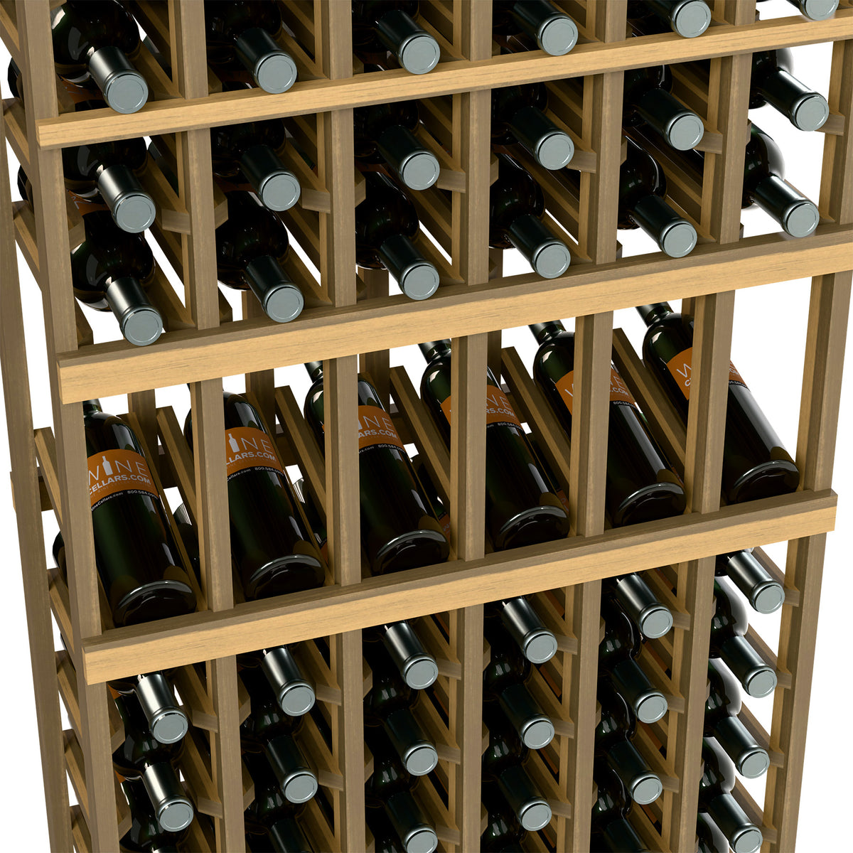 Natural wood wine rack close-up showing bottles in angled cubbies with bottle pegs