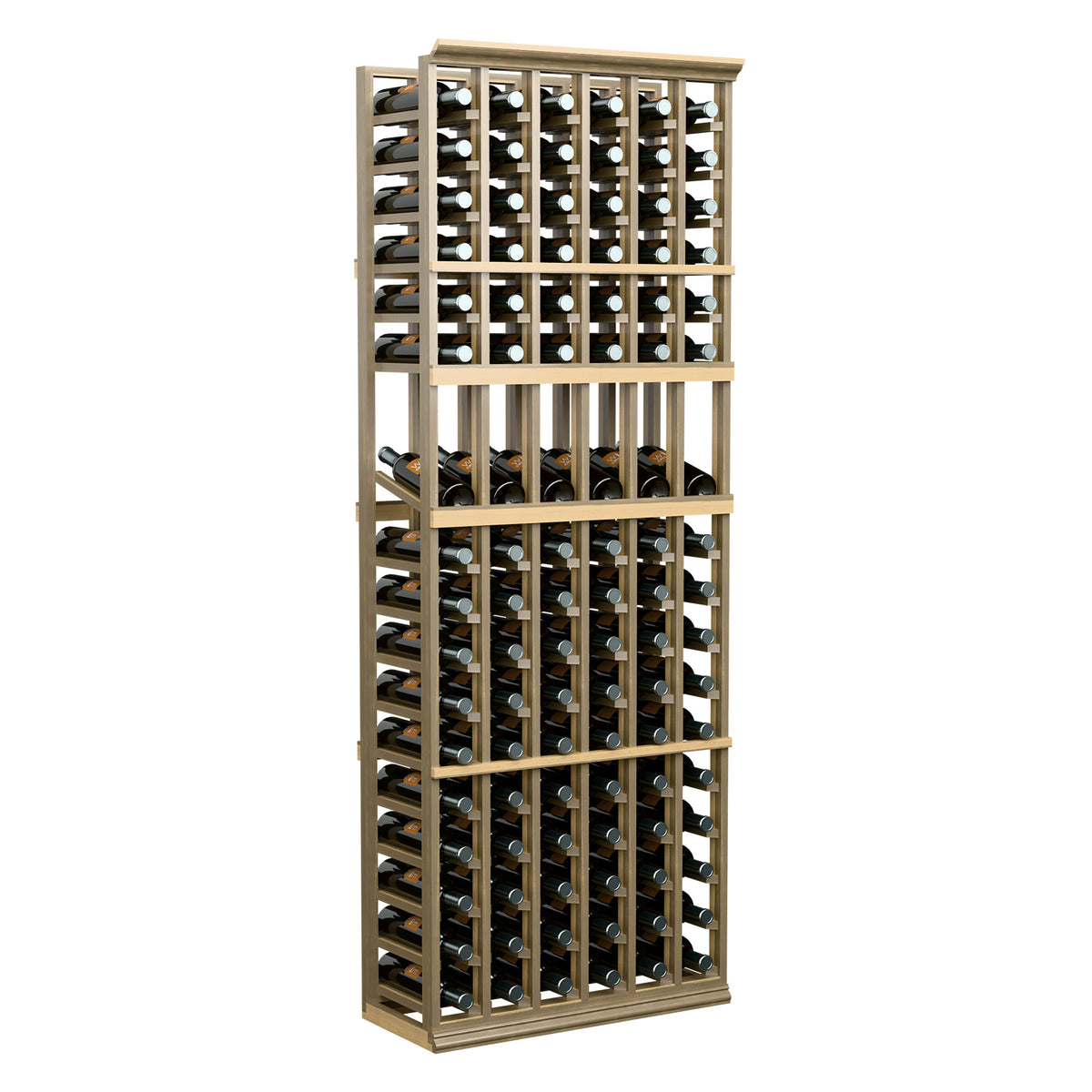 Natural wood 6-column wine bottle display rack with open sides and multi-row storage