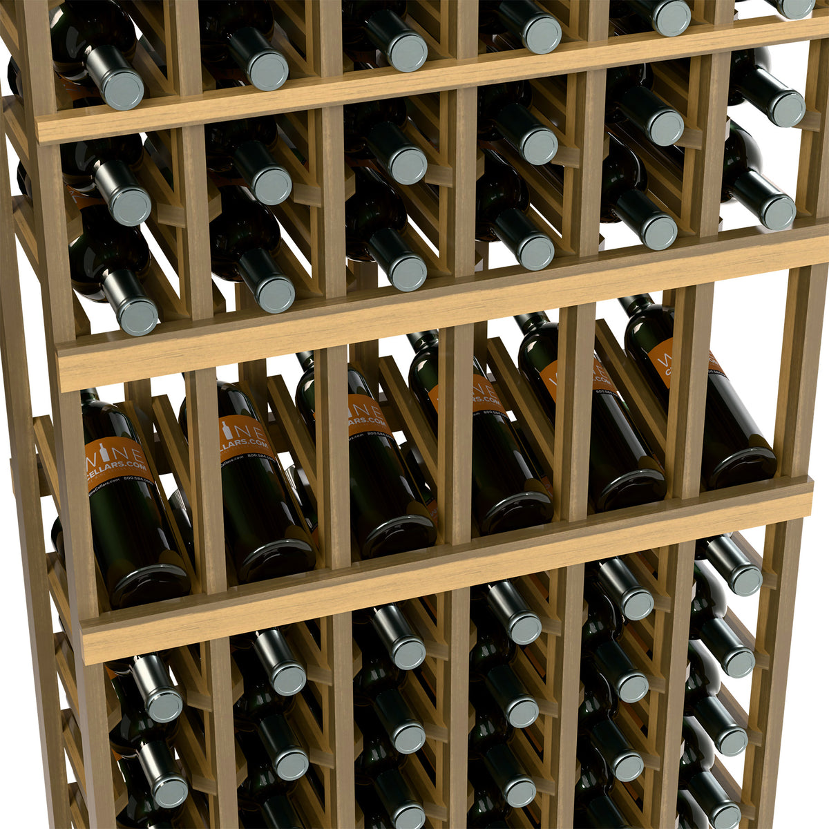 Natural wood wine rack close-up with bottles stored upright in angled compartments