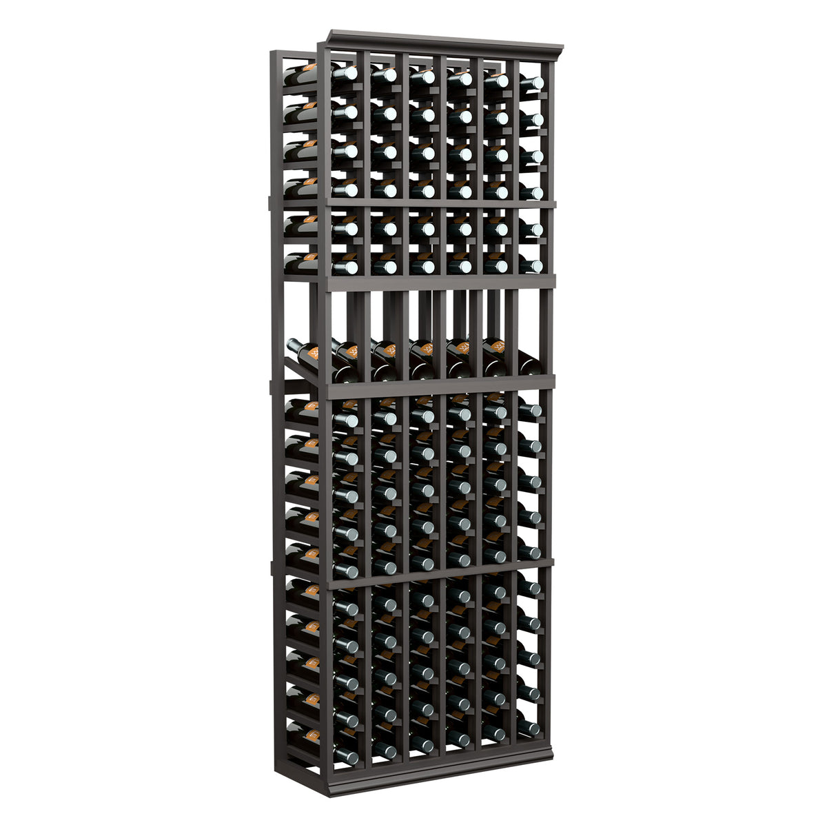 Dark stained 6-column wine bottle display rack with open frame and metal bottle pegs