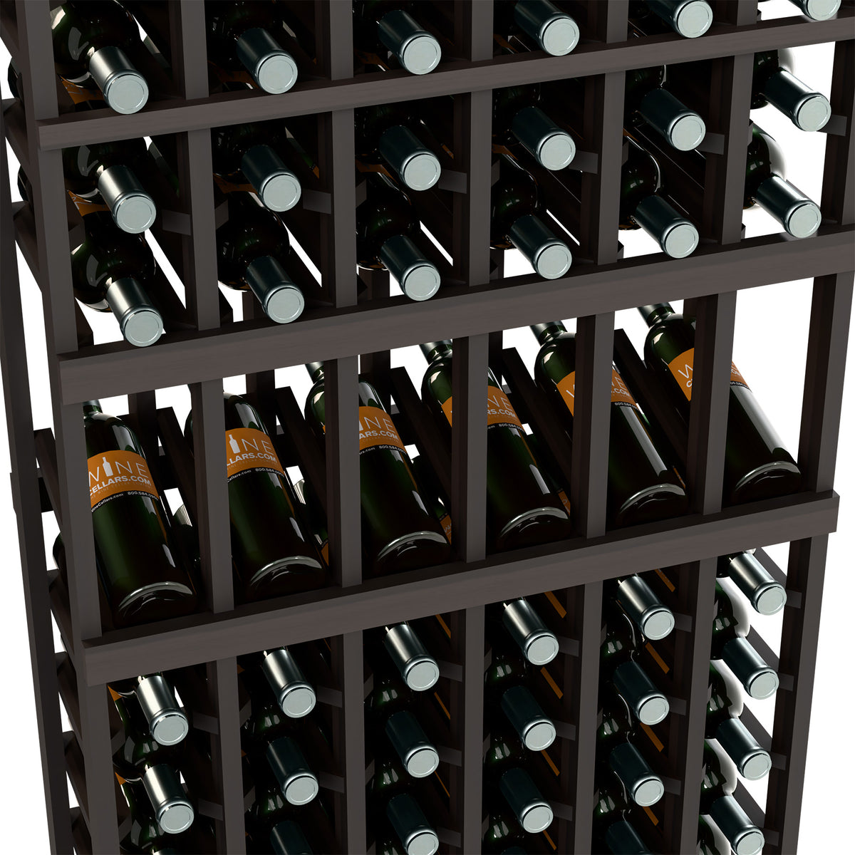 Dark stained wine rack close-up with bottles in angled slots between dark wooden grids