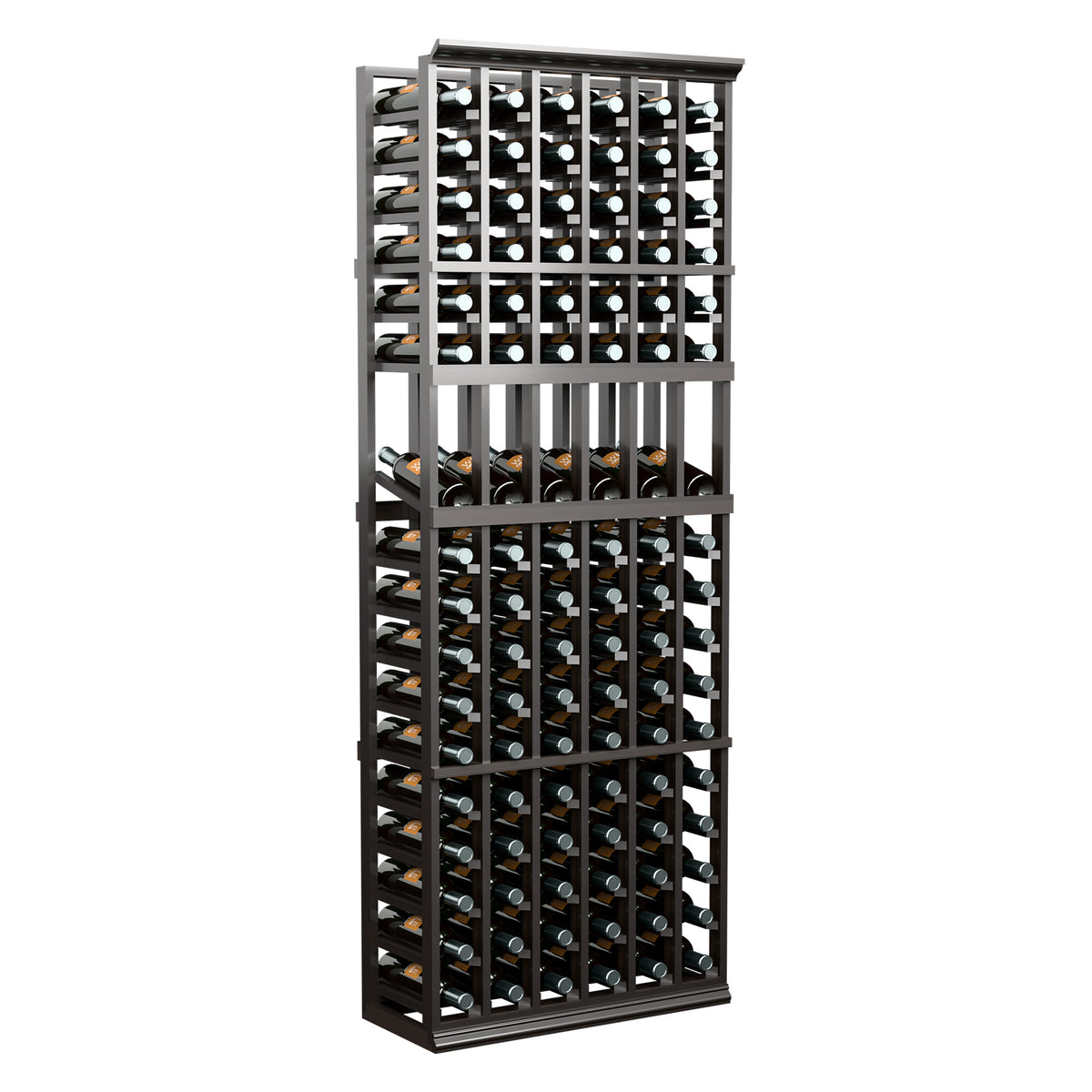 Tall dark stained wine bottle display rack with open top and 6 storage columns
