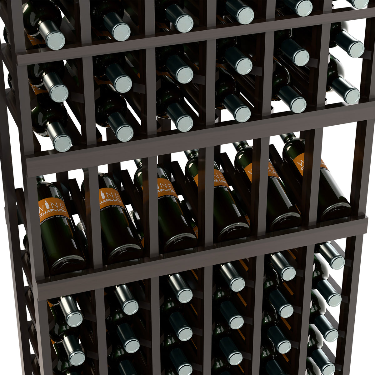 Dark stained wine rack close-up showing bottles in angled cubbies with metal pegs