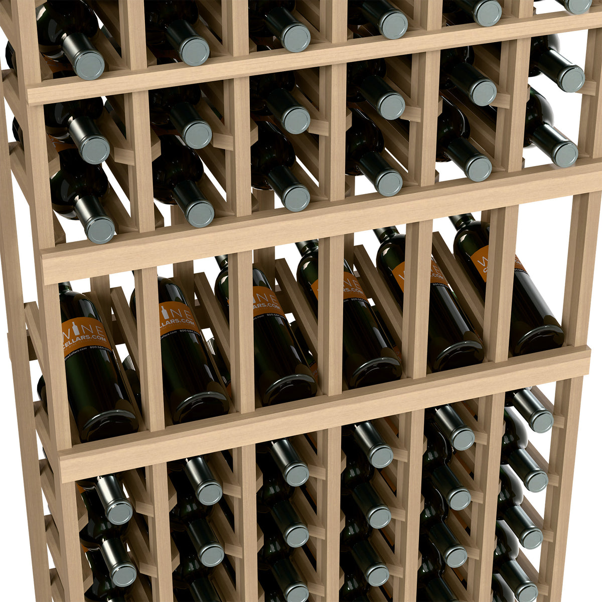 Close-up of wooden wine bottle rack with horizontal rows and bottle neck holders