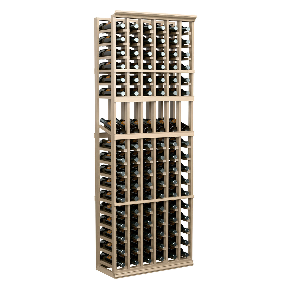 Tall wood wine bottle display rack with grid shelving for multiple standing wine bottles