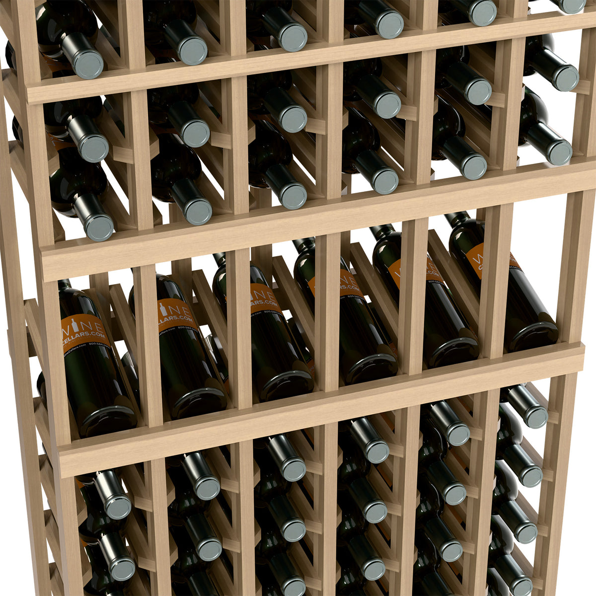 Close-up of wine bottle display rack showing wooden dividers and bottle rows