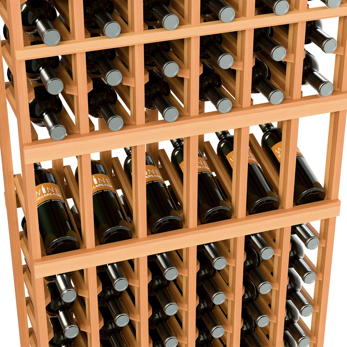 Close-up of warm wooden wine bottle rack with horizontal rows and bottle neck slots