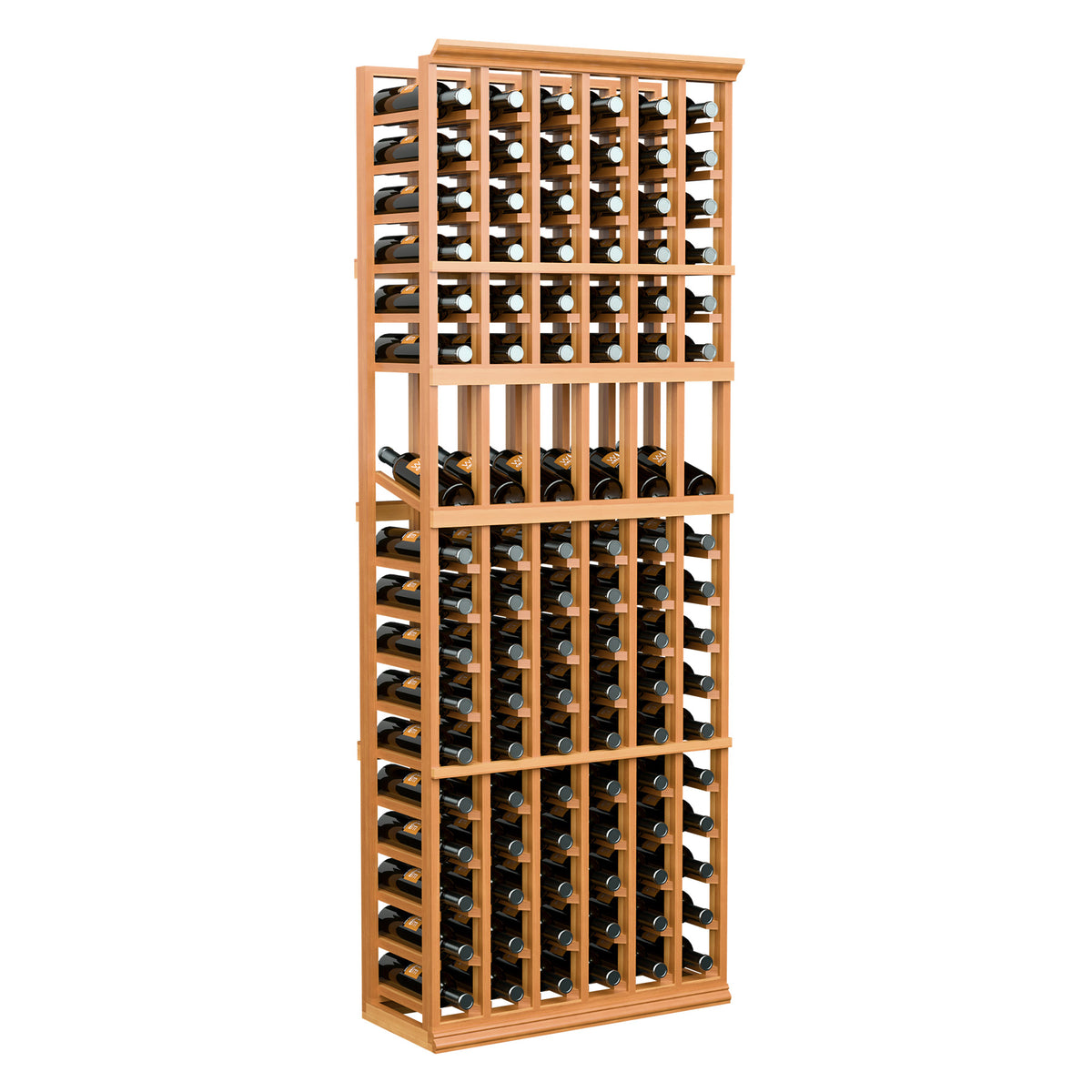 Tall warm-stained wood wine bottle display rack with grid shelves for standing bottles