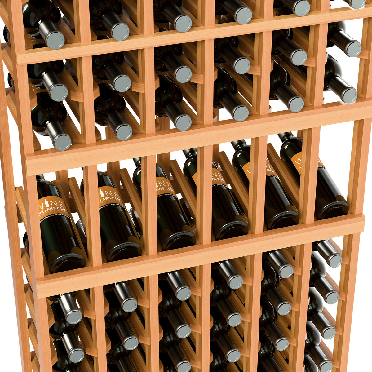 Close-up of warm wood wine bottle rack with dividers and organized bottle rows