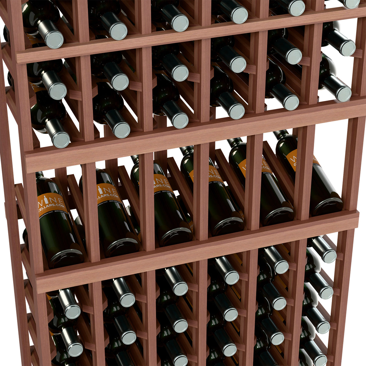 Close-up of dark-stained wine bottle display rack with wooden dividers and bottle neck slots