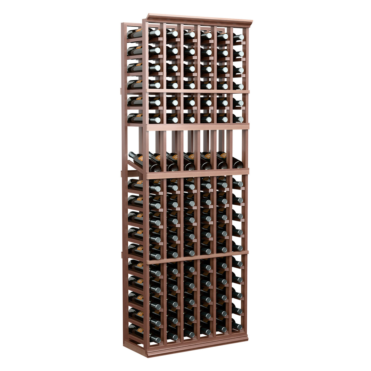 6-column wine display rack with dark wooden frame, holds bottles in grid rows