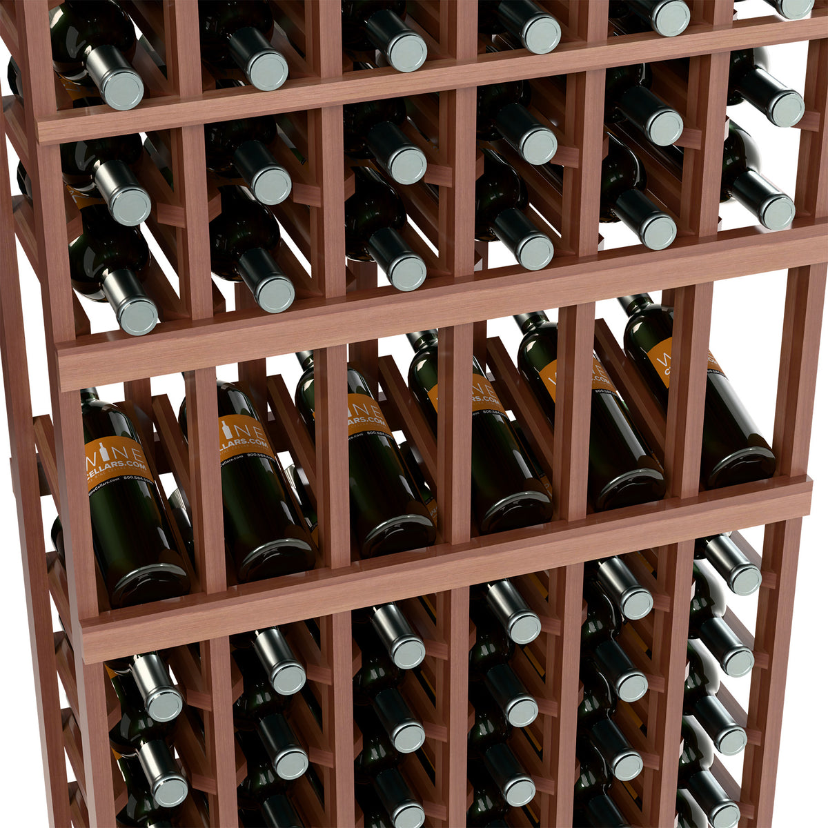 Wood wine display rack interior with bottle necks and metal collars in square cells