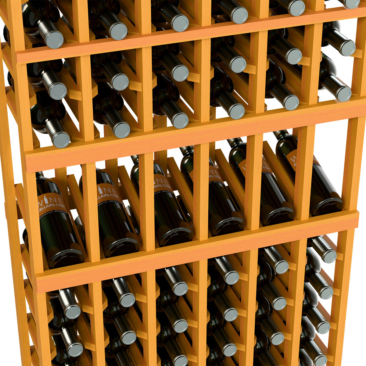 Honey-colored wine display rack with bottles stored upright in open grid compartments