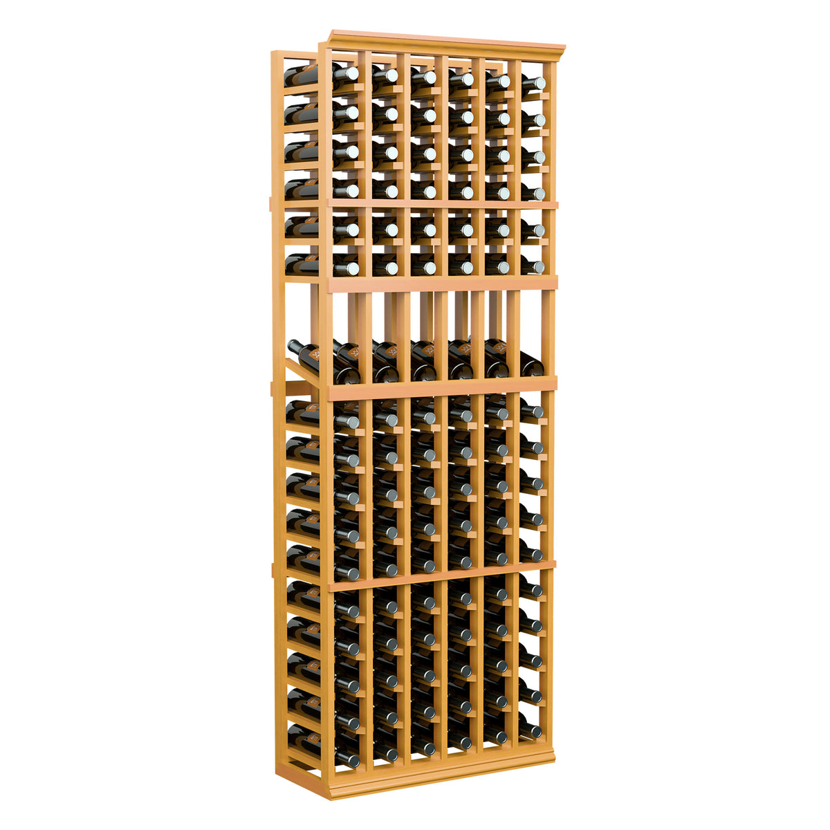 6-column wine display rack with light wooden frame and bottles in front-facing rows