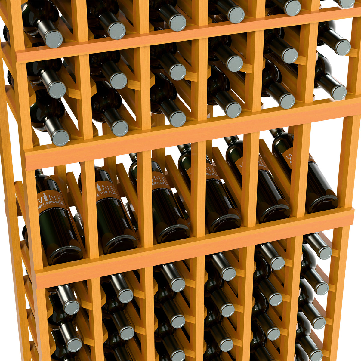 Close-up of light wood wine rack cells with dark bottles and silver bottle bases