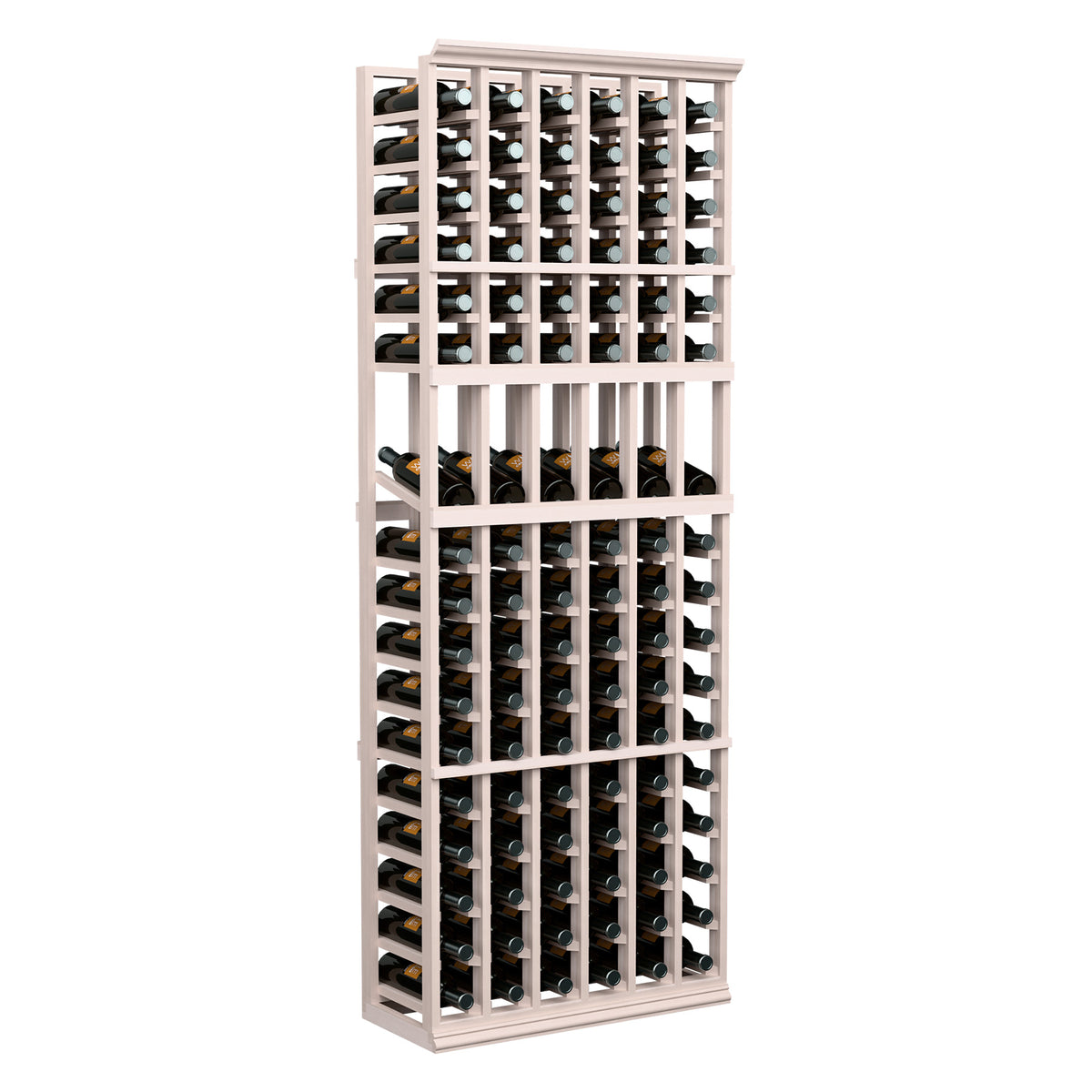 6-column wine display rack with white frame, bottles arranged in tight vertical sections