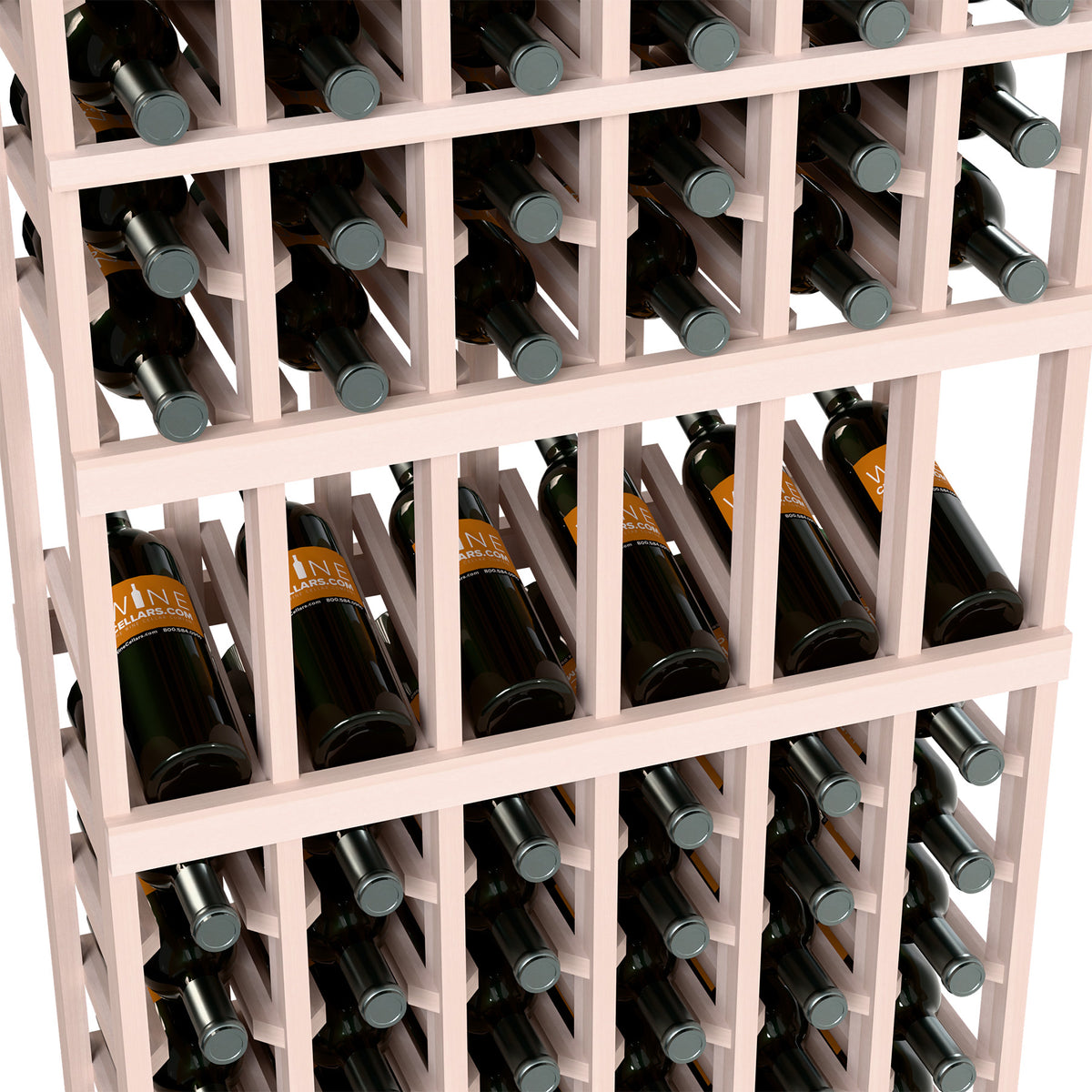 Close-up of white wine rack with upright bottles and silver bottle caps in a grid