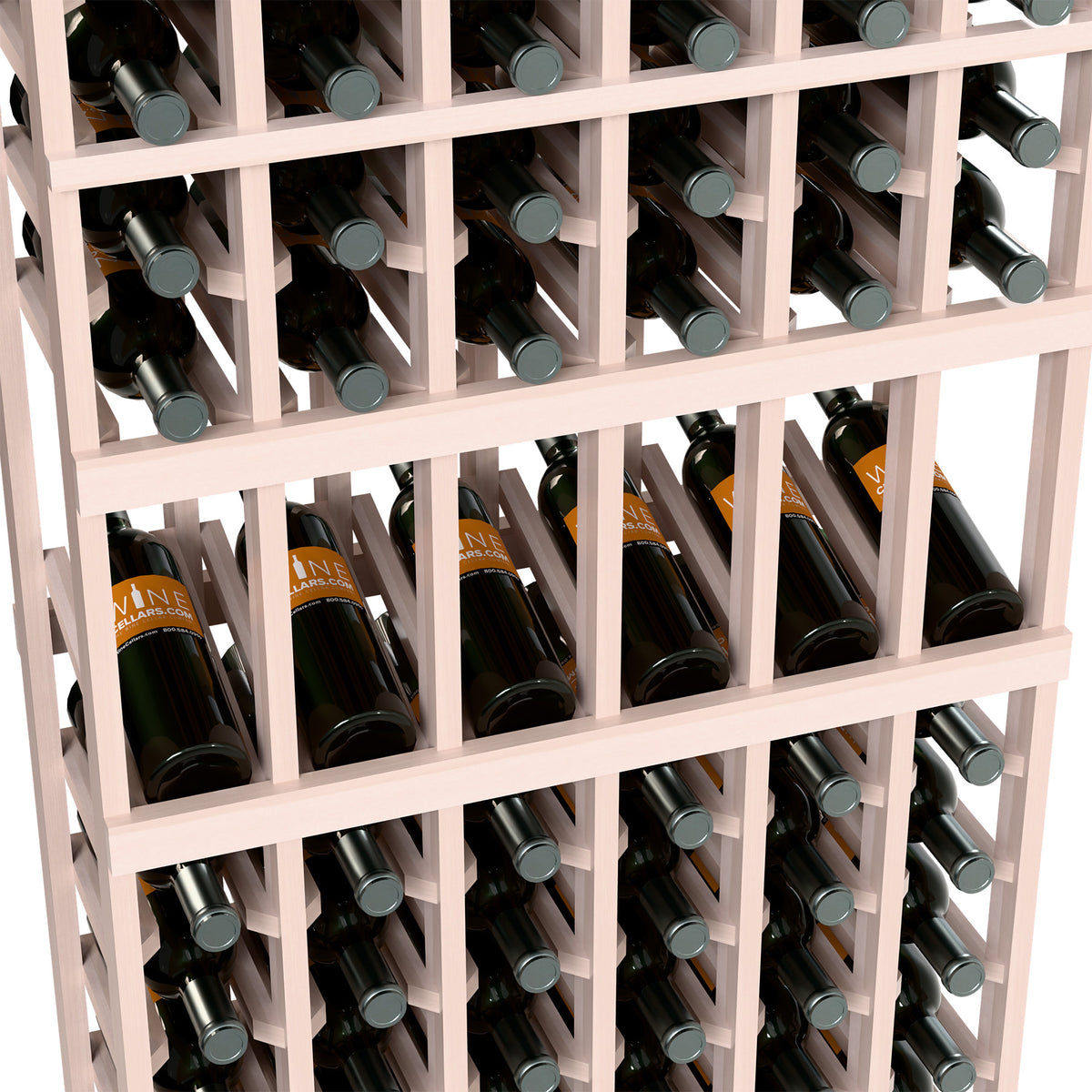 White wine rack interior showing upright bottles in square compartments and shelves