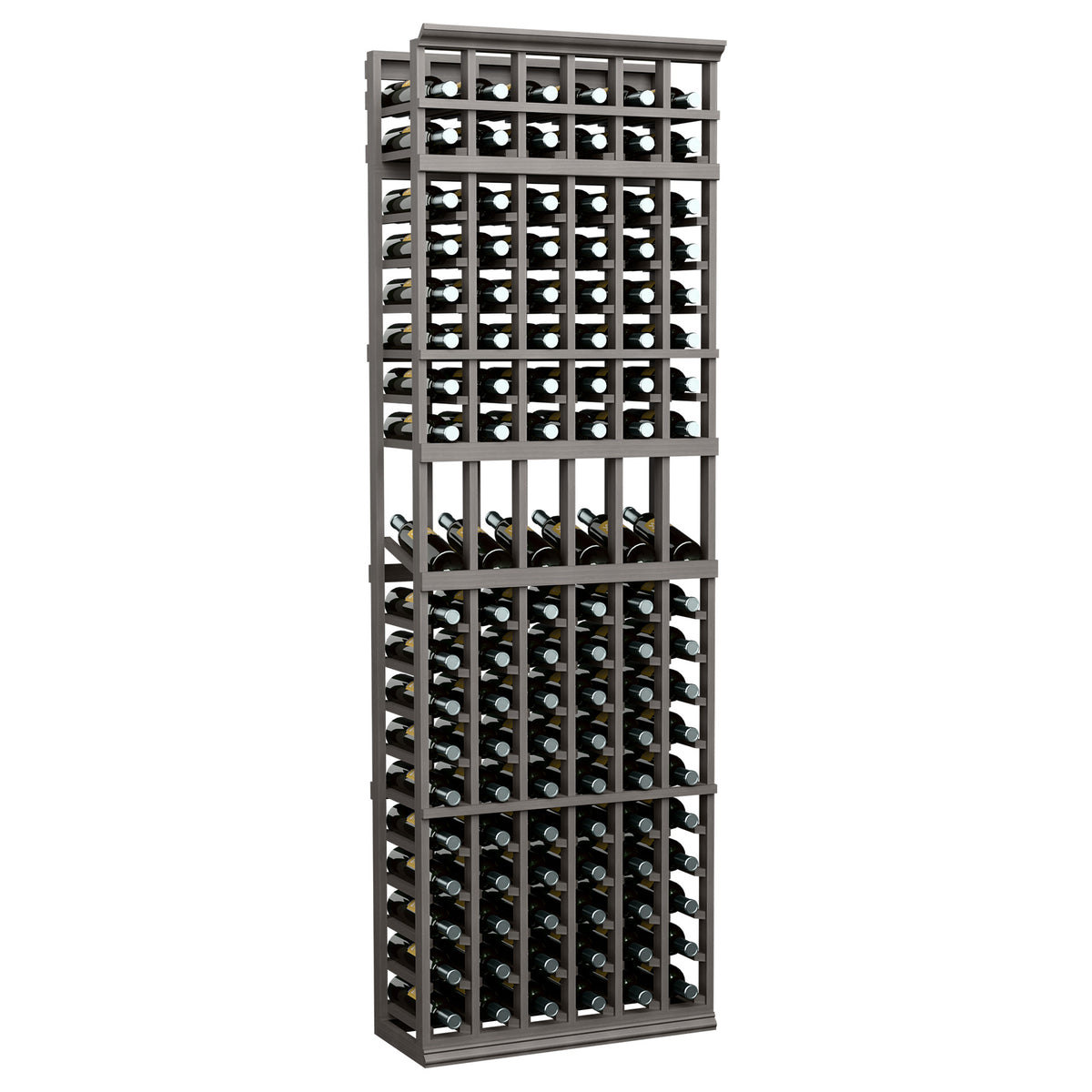 6-column wine bottle display rack with dark frame and crisscross bottle slots