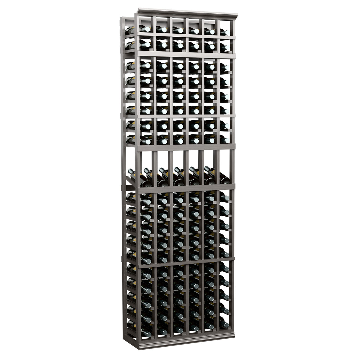 Tall 6-column wine bottle rack with dark metal frame and bottle holders