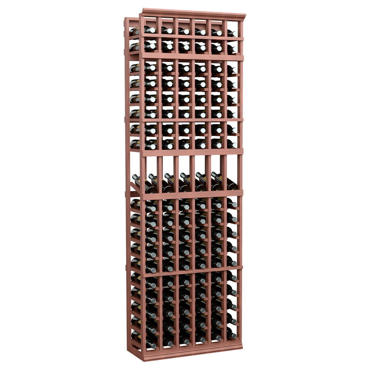 6-column wine bottle display rack with reddish wood frame and bottle slots