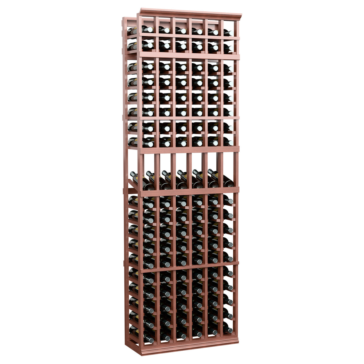 Tall 6-column wine bottle display rack with red-brown wood frame and holders