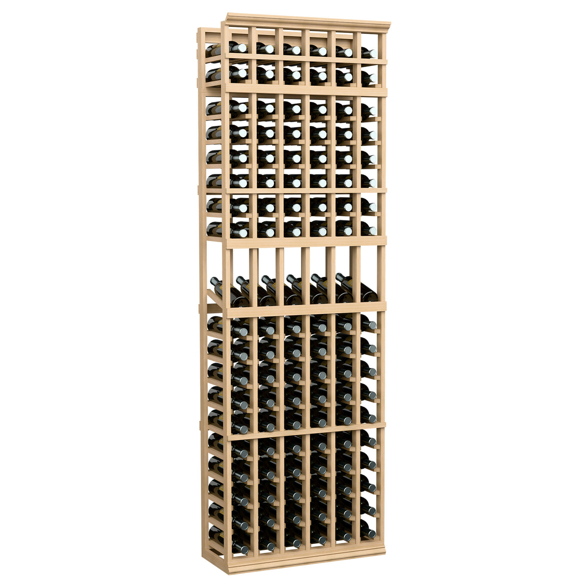 6-column wine bottle display rack with light wood frame and bottle holder slots