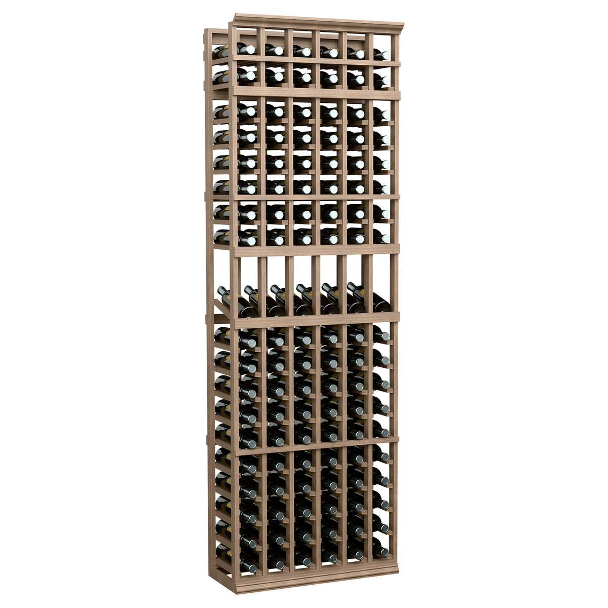 6-column wine bottle display rack with tan wood frame and bottle cradles