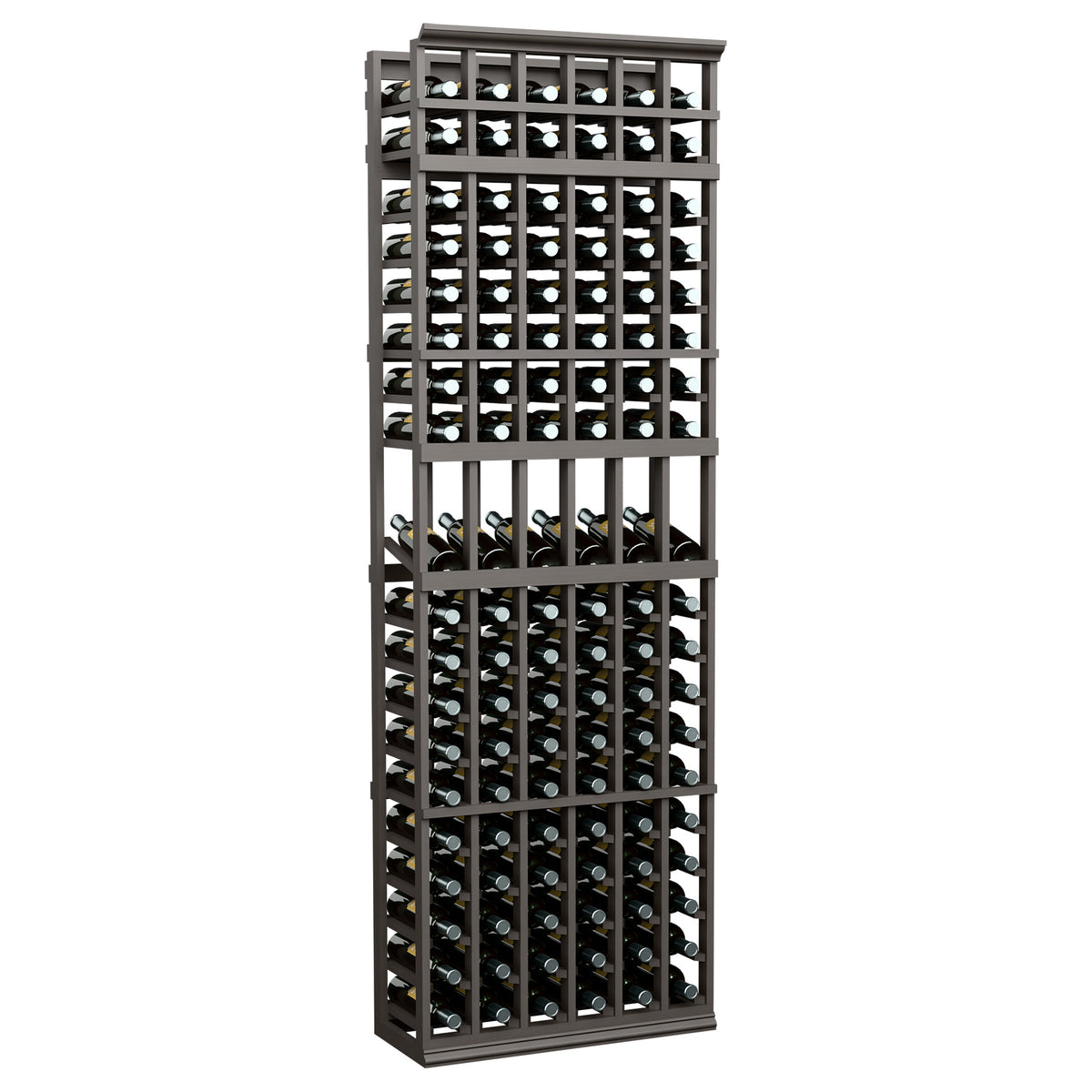 6-column wine bottle rack with dark frame and grid shelves for bottle display