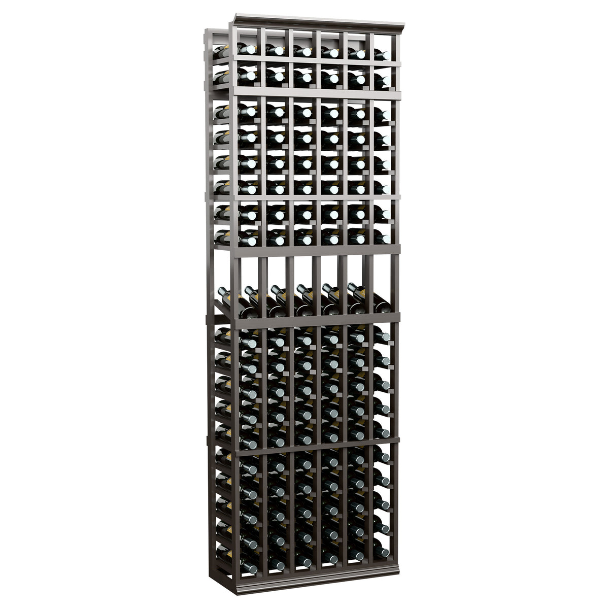 Tall 6-column wine bottle display rack with dark metal frame and bottle cradles