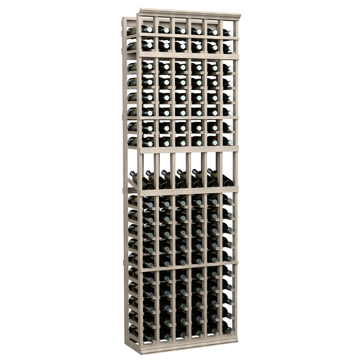 6-column wine display rack with front bottle slots, whitewashed wood frame.