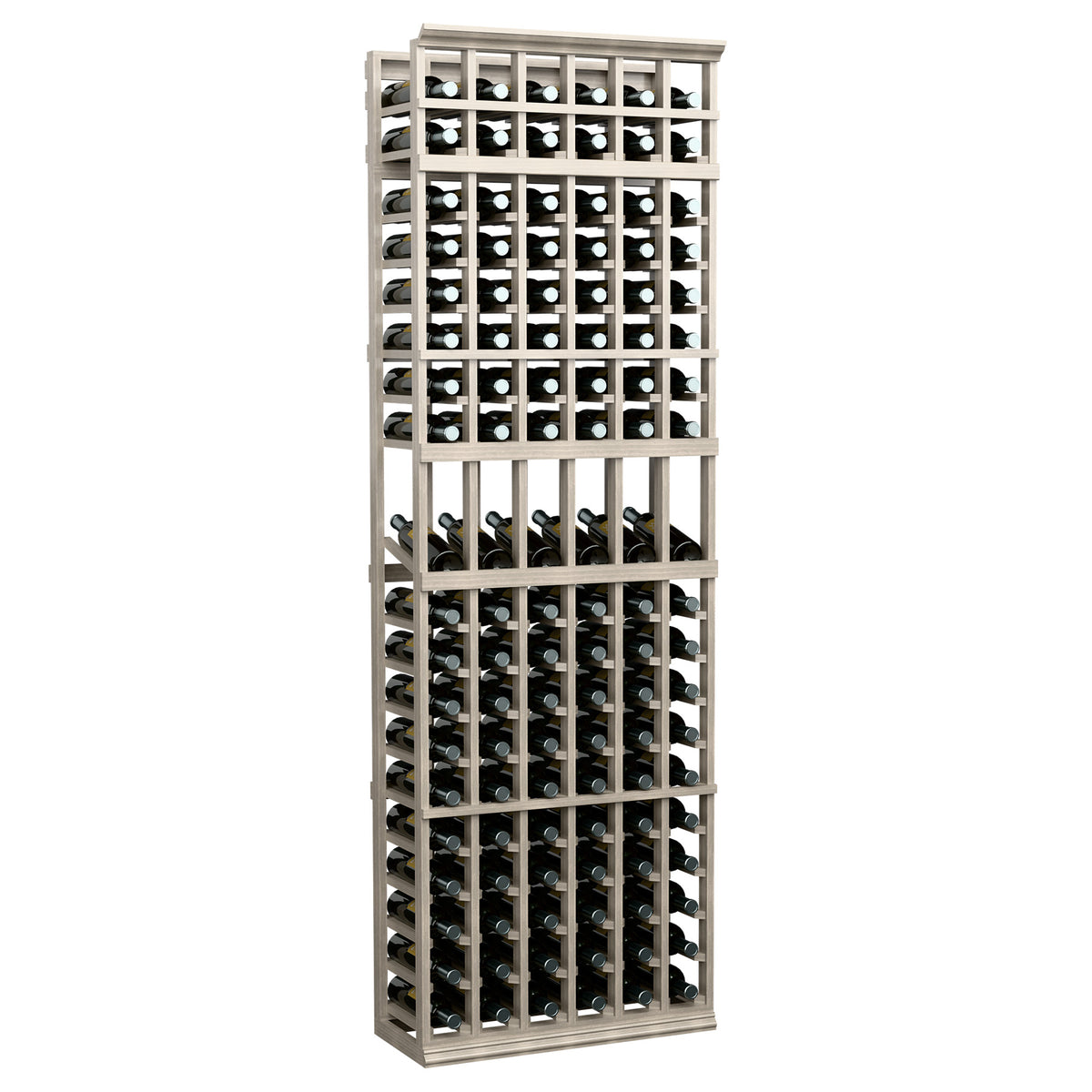 6-column wine display rack with front bottle slots, whitewashed wood frame.