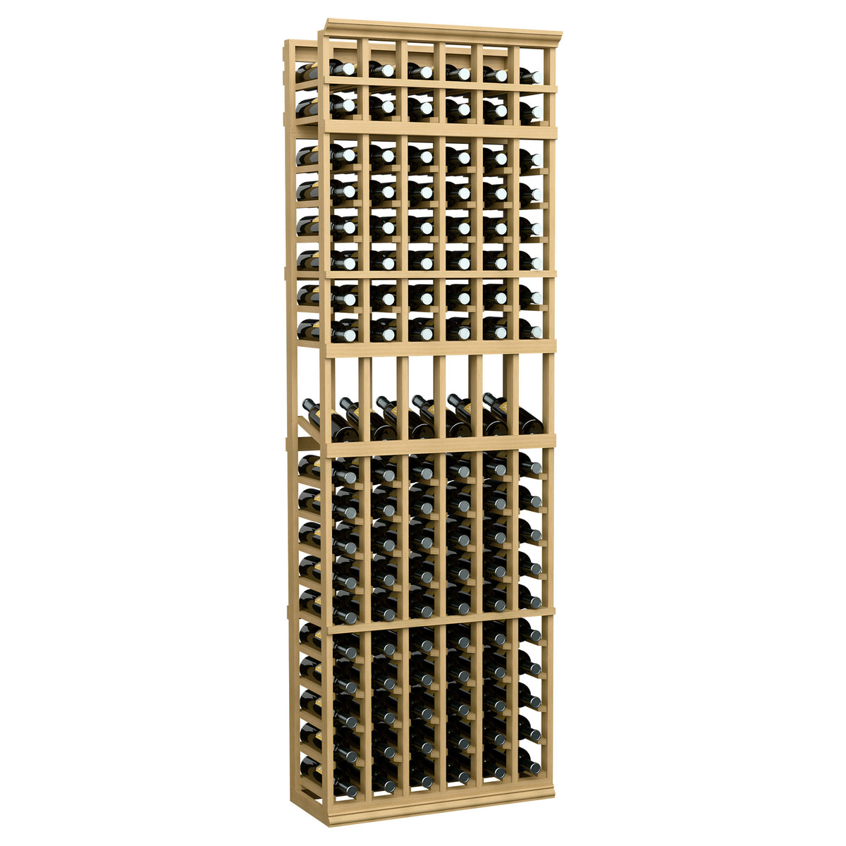6-column wine display rack with front bottle slots, natural wood frame.