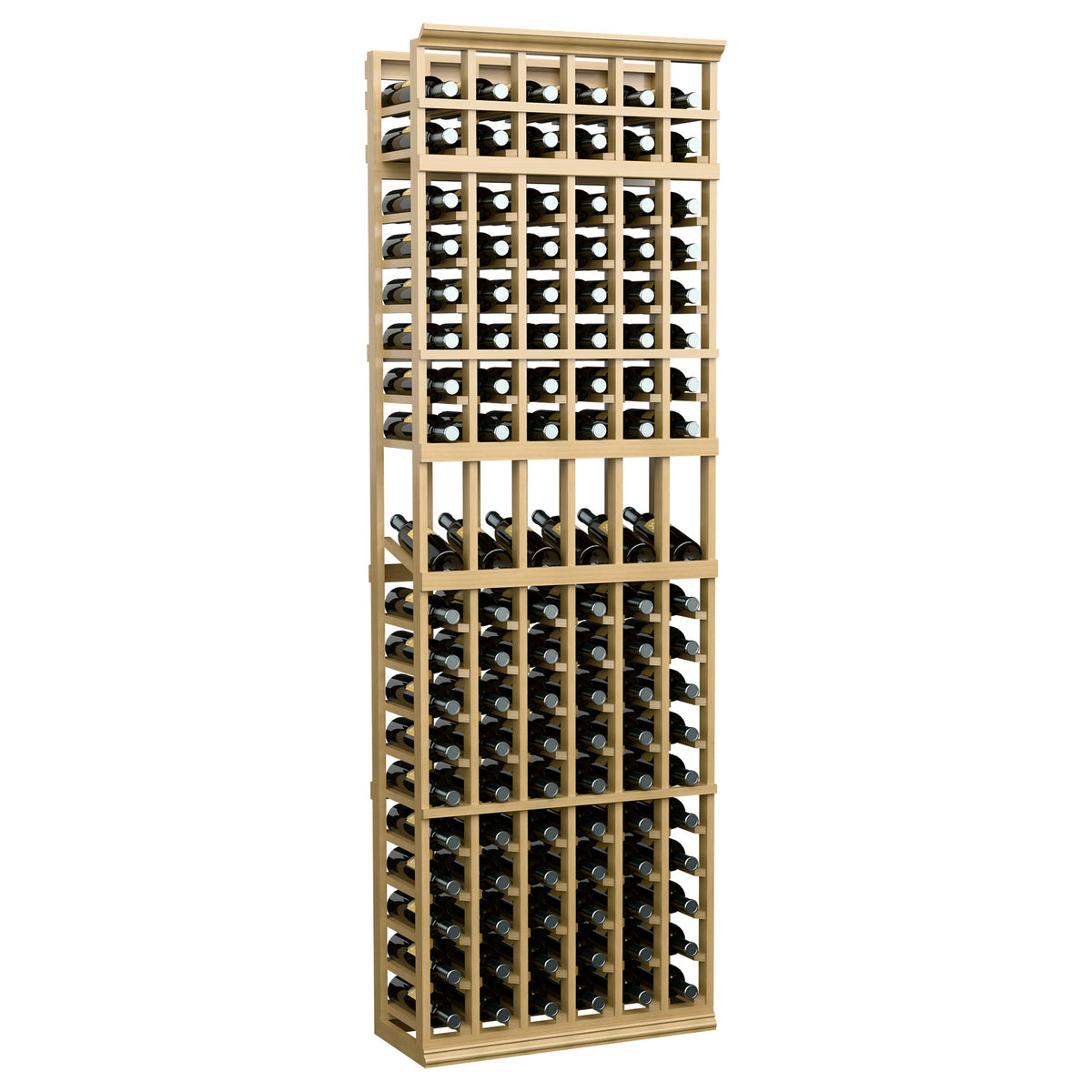 6-column wine display rack with front bottle slots, natural wood frame.