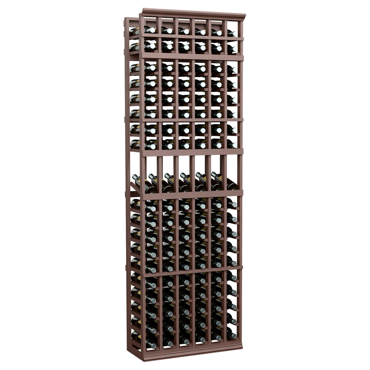 6-column wine display rack with front bottle slots, dark stained wood frame.