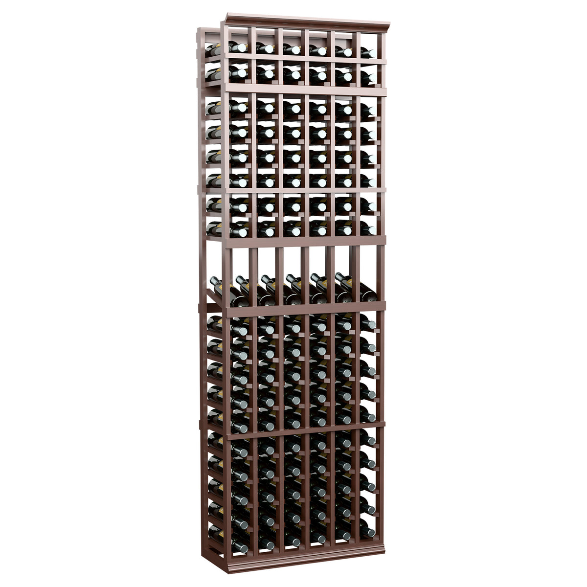 6-column wine display rack with front bottle slots, dark stained wood frame.